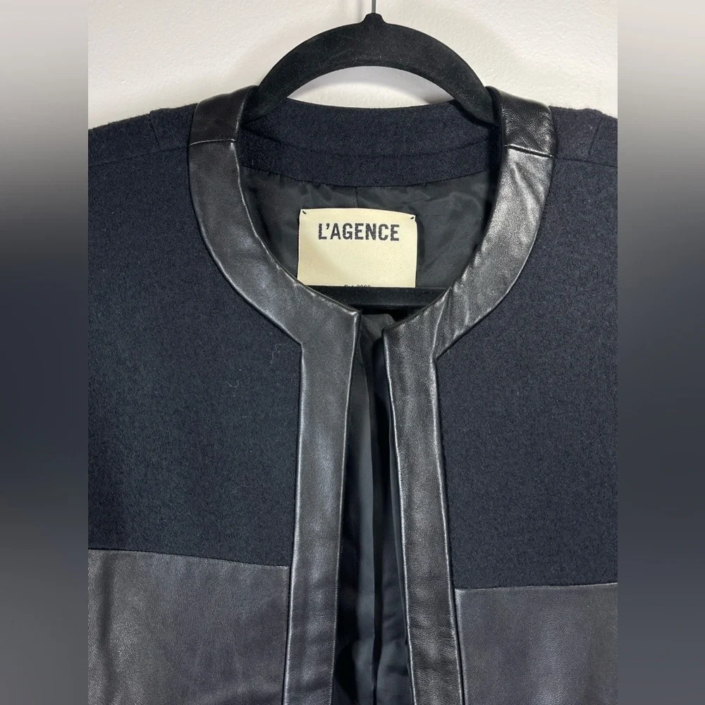 NWOT L’Agence Women’s Harper Leather and Wool Contrast Blazer in‎ Black Size 2